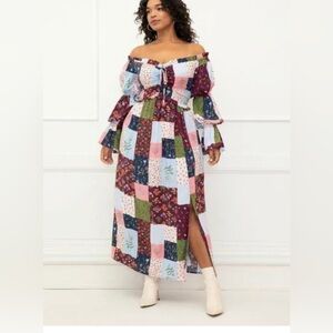Patchwork Off-Shoulder Maxi Dress hippie, cottagecore, boho, Prairie size 14/16